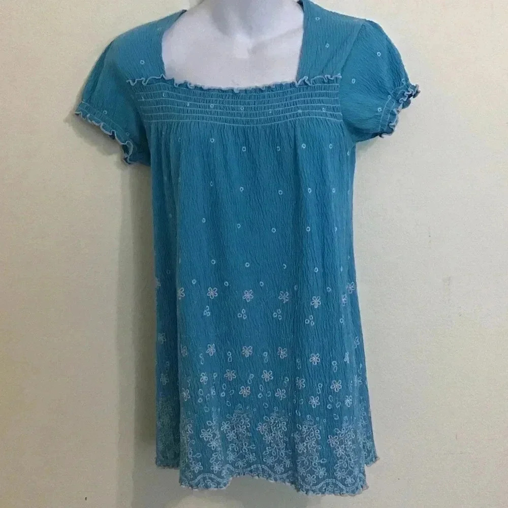 Boho Aqua Blue Cato Embroidered Peasant Top Blouse